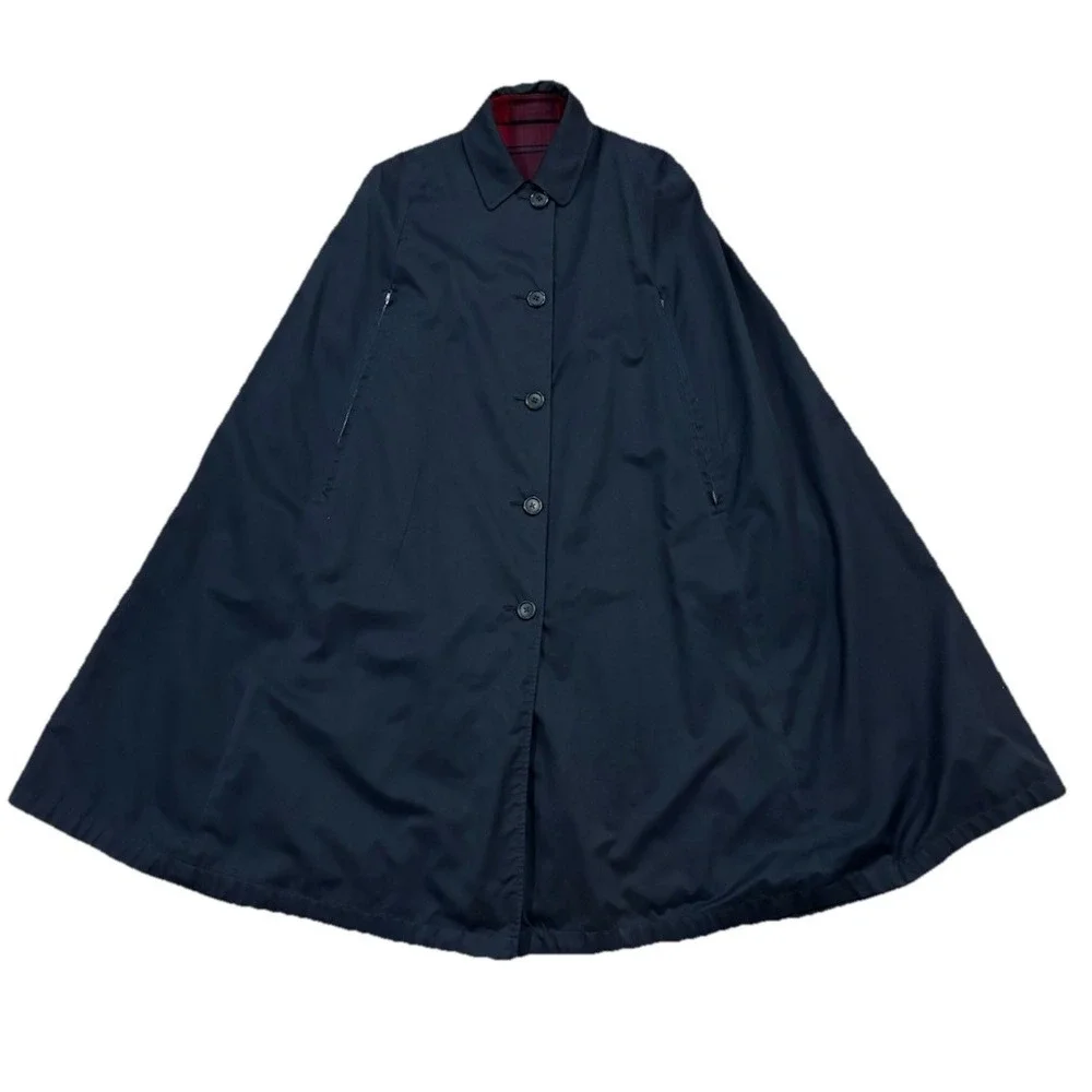 Burberry 1960s Reversible Trench Gabardine & Wool Plaid Cape Coat Red Navy OSFA - Picture 13 of 14